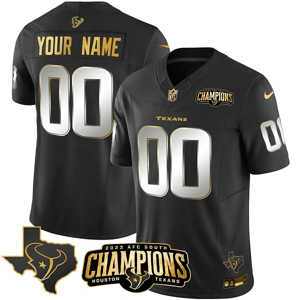 Men's Houston Texans Active Player Custom Black Golden 2023 F.U.S.E. AFC South Champions Patch And Team Logo Patch Limited Stitched Football Jersey Men's Houston Texans Active Player Custom Black Golden 2023 F.U.S.E. AFC South Champions Patch And Team Logo Patch Limited Stitched Football Jersey